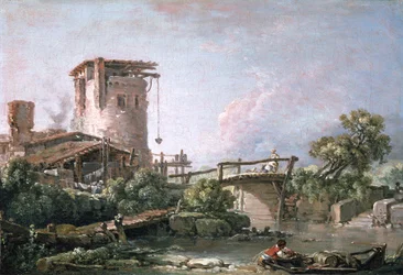 Landschap met toren en brug