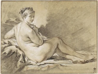 Studie van een vrouwelijk naakt - François Boucher (1703-1770). Sanguine, zwart en wit krijt op papier