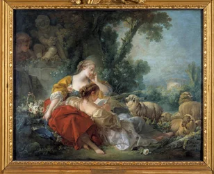 De school van vriendschap Scene bucolique: twee herders en de kudde