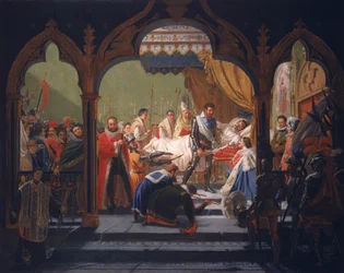 Hendrik IV (1553-1610) ontvangt de attributen van de monarchie van de stervende Hendrik III (1551-1589) 1814