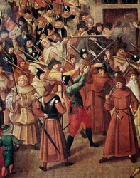 Franse Godsdienstoorlogen: gewapende processie van de Katholieke Liga van Frankrijk in de straten van Parijs