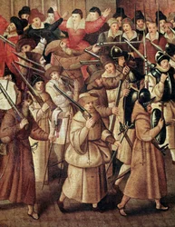 Franse godsdienstoorlogen: gewapende processie van de Katholieke Liga van Frankrijk in de straten van Parijs