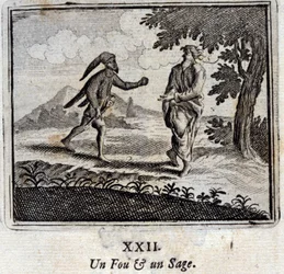 Een gek en een wijze. Fabels door Jean de La Fontaine (1621-95). Illustratie door François Chauveau (1613-1676). Editie van 1728.