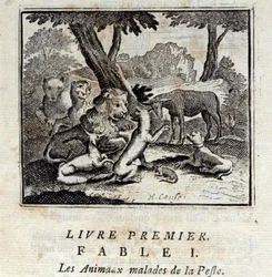 Dieren ziek van de pest. Fabels door Jean de La Fontaine (1621-95). Illustratie door François Chauveau (1613-1676). Editie van 1728.