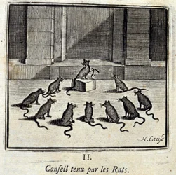 Raad gehouden door de Ratten. Fabels van Jean de La Fontaine. Illustratie door François Chauveau. Editie van 1728.