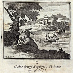 Ezel beladen met sponzen, en ezel beladen met zout. Fabels van Jean de La Fontaine. Illustratie door François Chauveau. Editie van 1728.