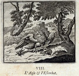 Adelaar en slak. Fabels van Jean de La Fontaine. Illustratie door François Chauveau. Editie van 1728.