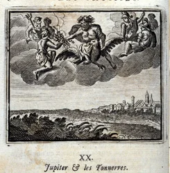 Jupiter en de donder. Fabels van Jean de La Fontaine. Illustratie door François Chauveau. Editie van 1728.