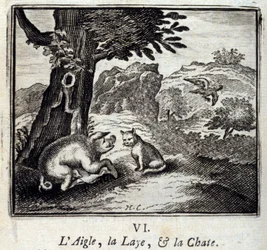 De adelaar, de zeug en de poes. Fabels van Jean de La Fontaine (1621-95). Illustratie door François Chauveau (1613-1676). Uitgave van 1728.
