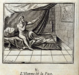 De man en de vlo. Fabels van Jean de La Fontaine. Illustratie door François Chauveau. Editie van 1728.