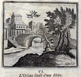 De vogel gewond door een pijl. Fabels van Jean de La Fontaine. Illustratie door François Chauveau. Editie van 1728.