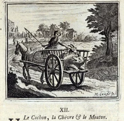 Het varken, de geit en het schaap. Fabels van Jean de La Fontaine. Illustratie door François Chauveau. Editie van 1728.