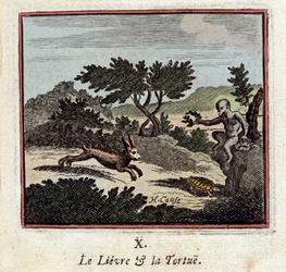 De haas en de schildpad - Fabels van Jean de La Fontaine (illustratie door Francois Chauveau, editie van 1728)