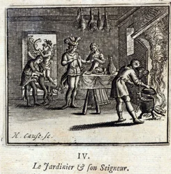 De tuinman en zijn heer. Fabels van Jean de La Fontaine. Illustratie door François Chauveau. Editie van 1728.