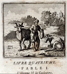 Man en slang. Fabels van Jean de La Fontaine (1621-95). Illustratie door François Chauveau (1613-1676). Editie van 1728.
