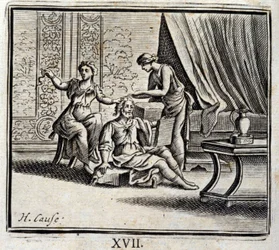 Man tussen twee leeftijden en zijn twee Meesteressen. Fabels van Jean de La Fontaine. Illustratie door François Chauveau. Editie van 1728.