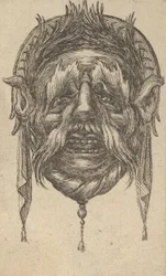 Masker met lange wenkbrauwen en snor en een hoofdtooi met bungelende doek, ca. 1635-45