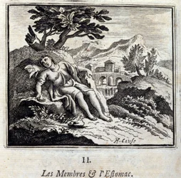 Leden en maag. Fabels door Jean de La Fontaine (1621-95). Illustratie door François Chauveau (1613-1676). Editie van 1728.