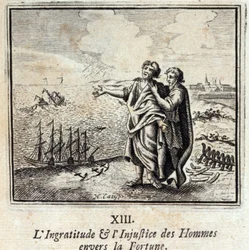 Ondankbaarheid en onrechtvaardigheid van mensen jegens Fortuna. Fabels door Jean de La Fontaine (1621-95). Illustratie door François Chauveau (1613-1676). Editie van 1728.