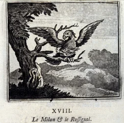 Milan en de Nachtegaal. Fabels van Jean de La Fontaine. Illustratie door François Chauveau. Editie van 1728.