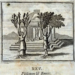 Philemon en Baucis. Fabels van Jean de La Fontaine (1621-95). Illustratie door François Chauveau (1613-1676). Uitgave van 1728.