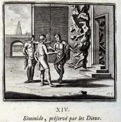 Simonides gered door de goden. Fabels door Jean de La Fontaine (1621-95). Illustratie door François Chauveau (1613-1676). Editie van 1728.