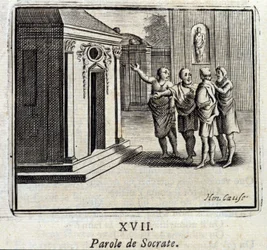Het woord van Socrates. Fabels van Jean de La Fontaine. Illustratie door François Chauveau. Editie van 1728.