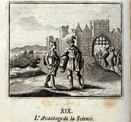 Het Voordeel van Wetenschap. Fabels van Jean de La Fontaine. Illustratie door François Chauveau. Editie van 1728.