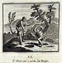 De vrek die zijn schat verloor. Fabels door Jean de La Fontaine (1621-95). Illustratie door François Chauveau (1613-1676). Editie van 1728.
