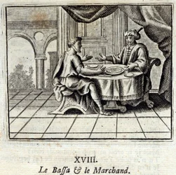 De Bassa en de koopman. Fabels door Jean de La Fontaine (1621-95). Illustratie door François Chauveau (1613-1676). Editie van 1728.