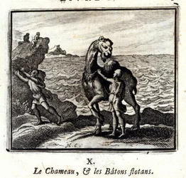 De kameel en de drijvende stokken. Fabels van Jean de La Fontaine. Illustratie door François Chauveau. Editie van 1728.