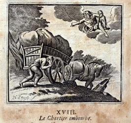 De voerman is lastig. Fabels van Jean de La Fontaine. Illustratie door François Chauveau. Editie van 1728.