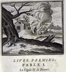 De krekel en de mier. Fabels van Jean de La Fontaine (1621-95). Illustratie van François Chauveau (1613-1676). Editie van 1728.