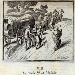 De koets en de vlieg. Fabels door Jean de La Fontaine. Illustratie door François Chauveau. Editie van 1728