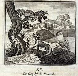 De Haan en de Vos. Fabels van Jean de La Fontaine. Illustratie door François Chauveau. Editie van 1728.