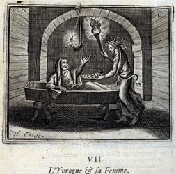 De dronkaard en zijn vrouw. Fabels van Jean de La Fontaine (1621-95). Illustratie door François Chauveau (1613-1676). Editie van 1728.