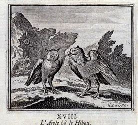 De Adelaar en de Uil. Fabels van Jean de La Fontaine. Illustratie door François Chauveau. Editie van 1728.