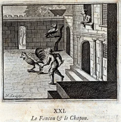 De valk en de kapoen. Fabels door Jean de La Fontaine (1621-95). Illustratie door François Chauveau (1613-1676). Editie van 1728.