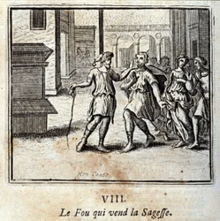 De Dwaas die wijsheid verkoopt. Fabels van Jean de La Fontaine. Illustratie door François Chauveau. Editie van 1728.