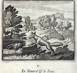 De Vos en de Bouc. Fabels van Jean de La Fontaine. Illustratie door François Chauveau. Editie van 1728.