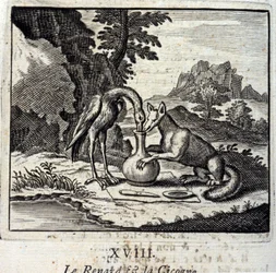 De vos en de ooievaar. Fabels van Jean de La Fontaine (1621-95). Illustratie door François Chauveau (1613-1676). Editie van 1728.