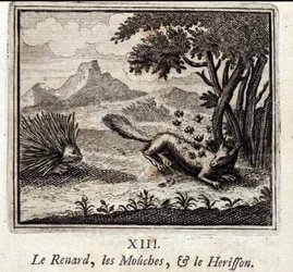 De Vos, de Vliegen en de Egel. Fabels van Jean de La Fontaine. Illustratie door François Chauveau. Editie van 1728.