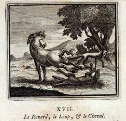 De vos, de wolf en het paard. Fabels door Jean de La Fontaine (1621-95). Illustratie door François Chauveau (1613-1676). Editie van 1728.