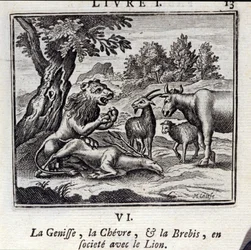 De koe, de geit en het schaap in gezelschap van de leeuw. Fabels door Jean de La Fontaine (1621-95). Illustratie door François Chauveau (1613-1676). Editie van 1728.
