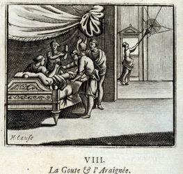 De Jicht en de Spin. Fabels van Jean de La Fontaine. Illustratie door François Chauveau. Editie van 1728.
