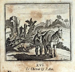 Het paard en de ezel. Fabels van Jean de La Fontaine. Illustratie door François Chauveau. Editie van 1728.