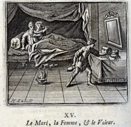 De Echtgenoot, de Vrouw en de Dief. Fabels van Jean de La Fontaine. Illustratie door François Chauveau. Editie van 1728.
