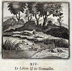 De haas en de kikkers. Fabels van Jean de La Fontaine (1621-95). Illustratie door François Chauveau (1613-1676). Editie van 1728.