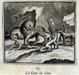 Het hof van de leeuw. Fabels door Jean de La Fontaine (1621-95). Illustratie door François Chauveau (1613-1676). Editie van 1728.