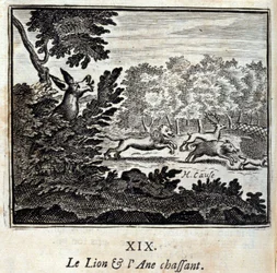 De leeuw en de ezel op jacht. Fabels van Jean de La Fontaine (1621-95). Illustratie door François Chauveau (1613-1676). Editie van 1728.
